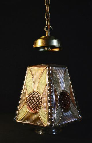 Vintage 1940s Art Deco brass stained panel Gilt glass Light house lantern light 6
