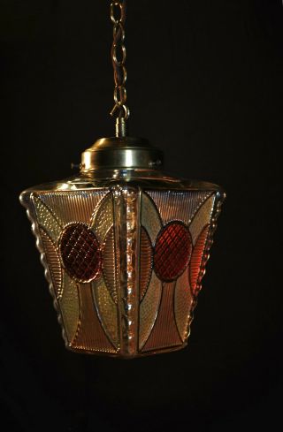 Vintage 1940s Art Deco brass stained panel Gilt glass Light house lantern light 7