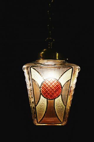 Vintage 1940s Art Deco brass stained panel Gilt glass Light house lantern light 9