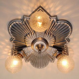 Vintage Art Deco 3 Light Flush Mount Silver Starburst Ceiling Fixture Chandelier