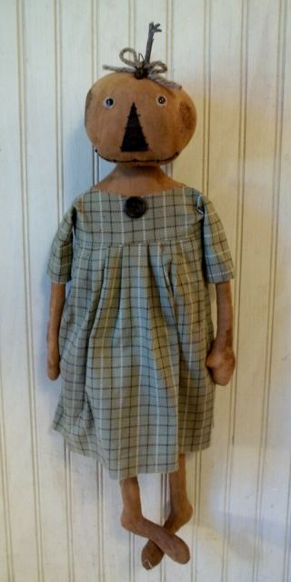 Primitive Grungy Orange Pumpkin Lady Halloween Doll & Her Black Cat 3