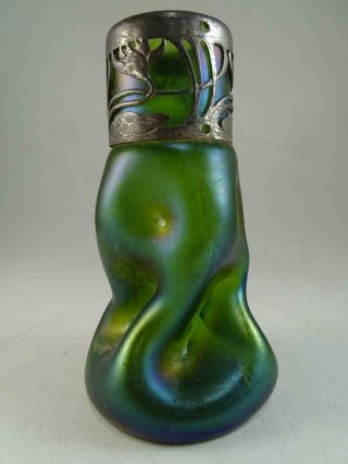 Antique Green Art Glass Iridescent Pinch Vase Bohemian Czechoslovakian Deco Vtg