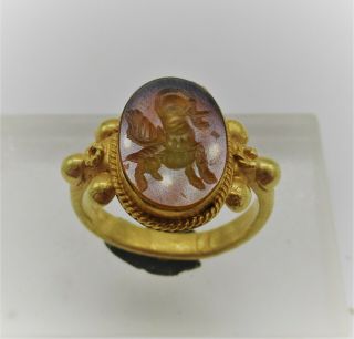 Scarce Roman Gold Ring High Carat Gold Agate Intaglio Depiction Of Mythic Beast