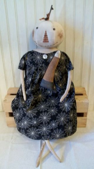 Primitive Grungy White Pumpkin Lady Halloween Doll & Candy Corn