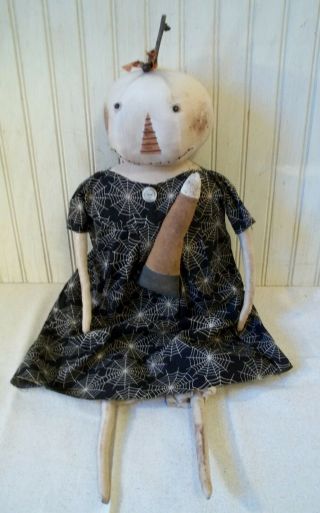 Primitive Grungy White Pumpkin Lady Halloween Doll & Candy Corn 4