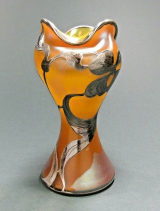 LOETZ Iridescent Art Glass Vase LaPierre Sterling Silver Overlay Sgd ca 1900 NR 2