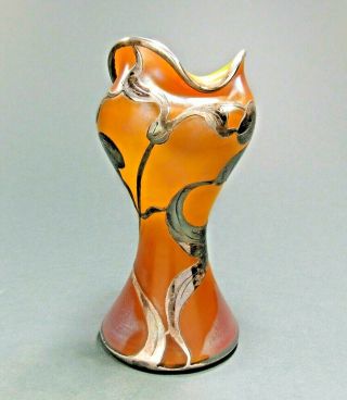 LOETZ Iridescent Art Glass Vase LaPierre Sterling Silver Overlay Sgd ca 1900 NR 3