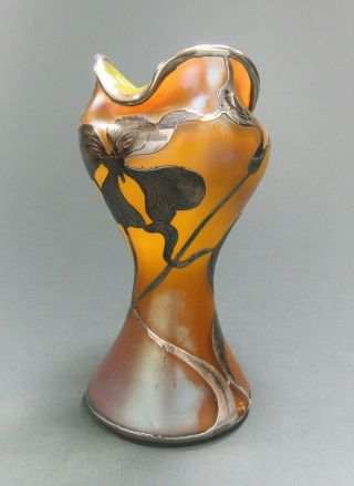 LOETZ Iridescent Art Glass Vase LaPierre Sterling Silver Overlay Sgd ca 1900 NR 4