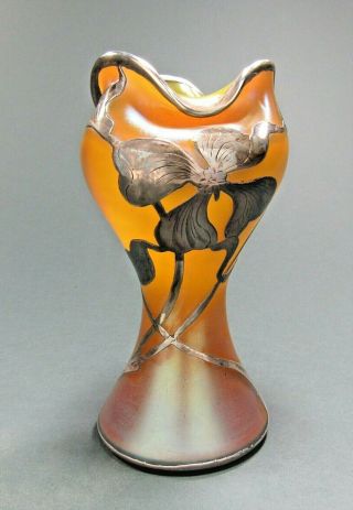 LOETZ Iridescent Art Glass Vase LaPierre Sterling Silver Overlay Sgd ca 1900 NR 5