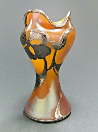 LOETZ Iridescent Art Glass Vase LaPierre Sterling Silver Overlay Sgd ca 1900 NR 6