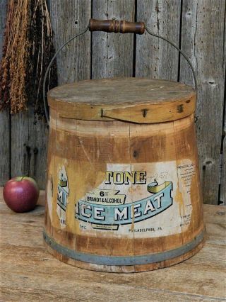 Aafa Antique Early Advertising Keystone Wood Bucket Firkin Mince Meat