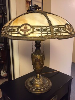 Bradley And Hubbard Victorian Slag Glass Brass Lamp With 6 Panel Shade C.  1907