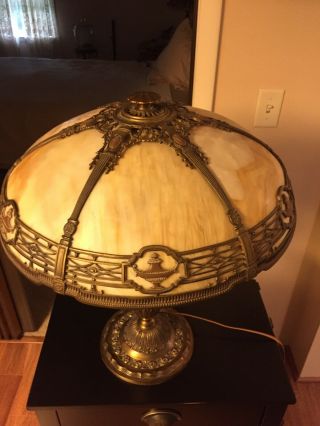 Bradley and Hubbard Victorian Slag Glass Brass Lamp with 6 Panel Shade c.  1907 4