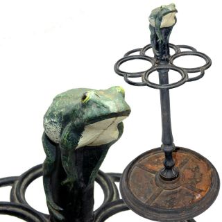 Antique Lg American Victorian Cast Iron Umbrella Cane Stand Green Bull Frog