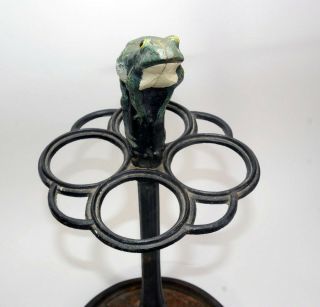 Antique LG American Victorian Cast Iron Umbrella Cane Stand Green Bull Frog 5
