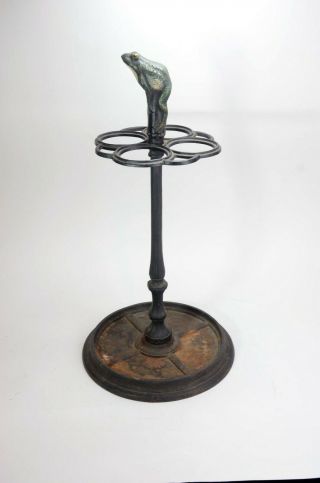 Antique LG American Victorian Cast Iron Umbrella Cane Stand Green Bull Frog 8