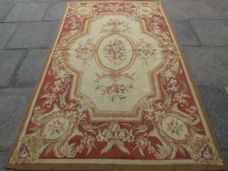 Old Hand Made French Design Wool 8 X 5 Beige Brown Aubusson 255x155cm