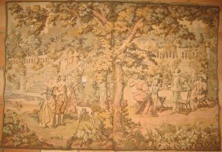 Large Antique French Tapestry,  Chateau Courtyard Romantic Scene