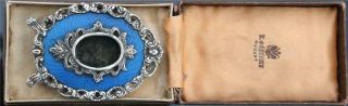 Antique Russian Silver Blue Guilloche Photo Frame,  Signed K.  Faberge In Cyrillic
