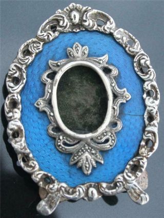 Antique Russian Silver Blue Guilloche Photo Frame,  signed K.  Faberge In Cyrillic 2