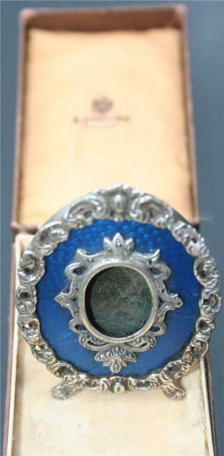 Antique Russian Silver Blue Guilloche Photo Frame,  signed K.  Faberge In Cyrillic 9