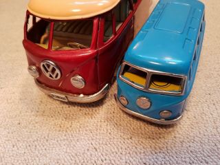 2 x Tin Toy Friction Volkswagen BUS - one Bandai (red) - one blue unmarked 11