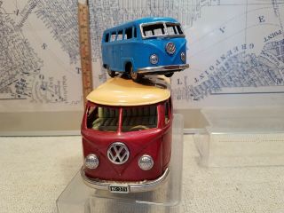 2 X Tin Toy Friction Volkswagen Bus - One Bandai (red) - One Blue Unmarked