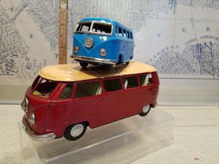 2 x Tin Toy Friction Volkswagen BUS - one Bandai (red) - one blue unmarked 2