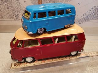 2 x Tin Toy Friction Volkswagen BUS - one Bandai (red) - one blue unmarked 3