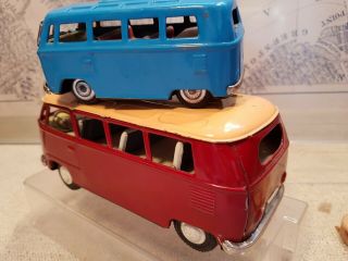 2 x Tin Toy Friction Volkswagen BUS - one Bandai (red) - one blue unmarked 4