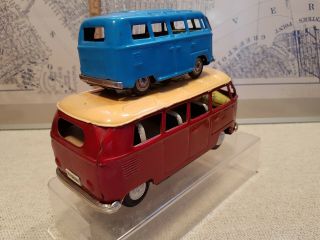 2 x Tin Toy Friction Volkswagen BUS - one Bandai (red) - one blue unmarked 6