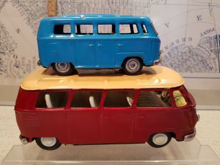2 x Tin Toy Friction Volkswagen BUS - one Bandai (red) - one blue unmarked 7