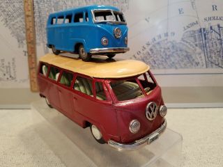 2 x Tin Toy Friction Volkswagen BUS - one Bandai (red) - one blue unmarked 8