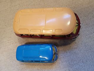 2 x Tin Toy Friction Volkswagen BUS - one Bandai (red) - one blue unmarked 9