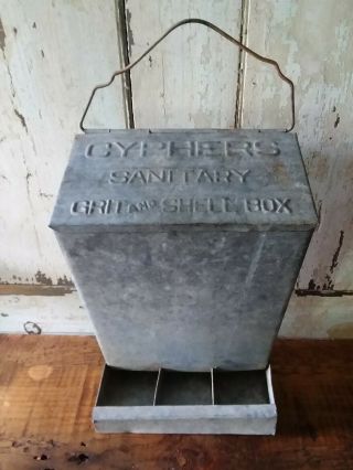 Vintage Cyphers Sanitary Grit Shell Box Galvanized Metal Chicken Feeder Poultry