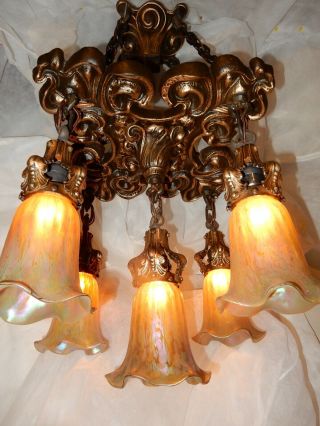 Art Nouveau Tudor Revival Cast Chandelier w Loetz Art Glass Shades 10