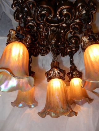Art Nouveau Tudor Revival Cast Chandelier w Loetz Art Glass Shades 11