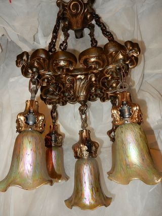 Art Nouveau Tudor Revival Cast Chandelier w Loetz Art Glass Shades 3