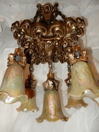 Art Nouveau Tudor Revival Cast Chandelier w Loetz Art Glass Shades 4