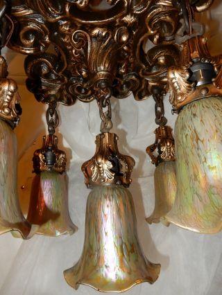 Art Nouveau Tudor Revival Cast Chandelier w Loetz Art Glass Shades 5