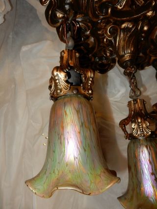 Art Nouveau Tudor Revival Cast Chandelier w Loetz Art Glass Shades 6