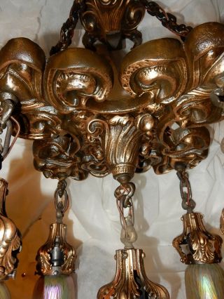 Art Nouveau Tudor Revival Cast Chandelier w Loetz Art Glass Shades 7