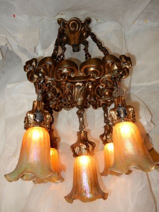 Art Nouveau Tudor Revival Cast Chandelier w Loetz Art Glass Shades 9