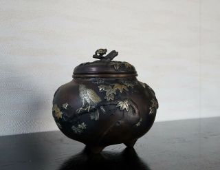 VERY RARE JAPANESE ANTIQUE BRONZE & MIXED METAL CENSER AND COVER MEIJI 12