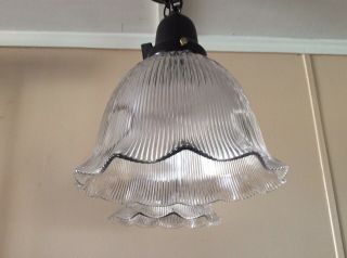 Vintage Pair Ruffled Glass Holophane Ribbed Pendant Lights Industrial Art Deco
