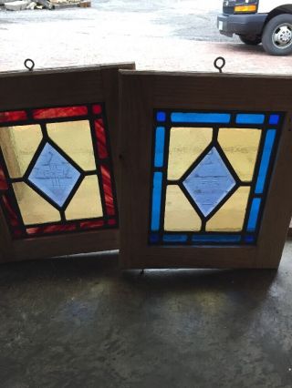 Sg 969 Matched Pair Antique Stainglass Windows Religious Cross Center