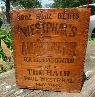 VINTAGE ADVERTISING WOODEN BOX WOOD OLD WESTPHAL NY HAIR TONIC GENERAL STORE 2