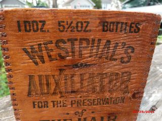 VINTAGE ADVERTISING WOODEN BOX WOOD OLD WESTPHAL NY HAIR TONIC GENERAL STORE 7