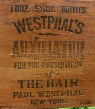 VINTAGE ADVERTISING WOODEN BOX WOOD OLD WESTPHAL NY HAIR TONIC GENERAL STORE 8