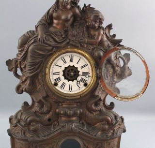 Antique Waterbury Alarm Clock Nicholas Muller Nude Woman Cherub & Dolphins 9